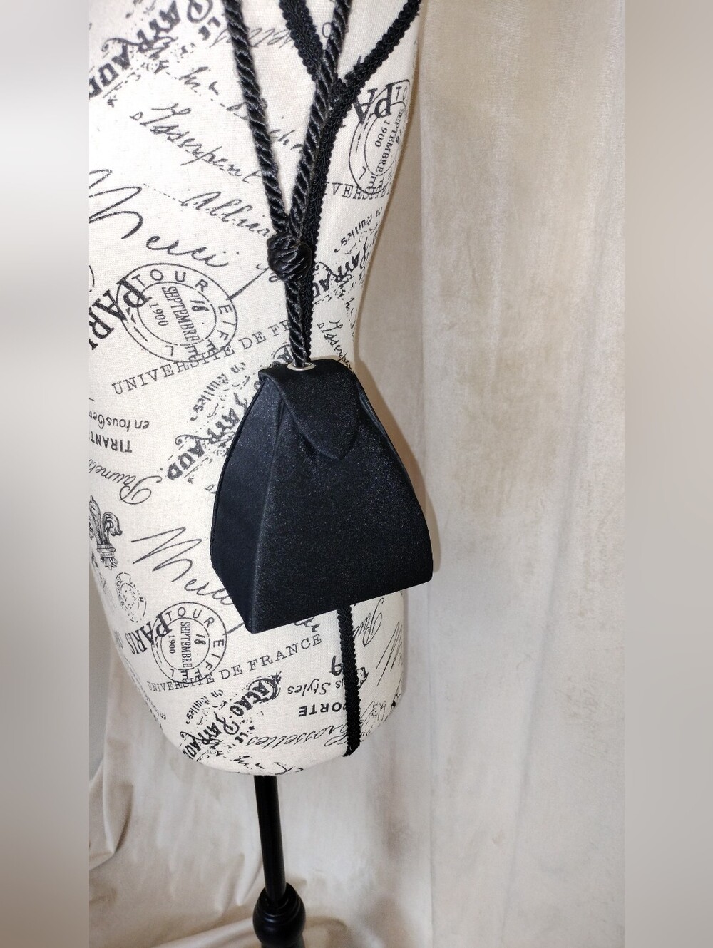 EUC! Petite Black Satin Teardrop Shaped Bag w/Snap Closure & Black Wrist Cord